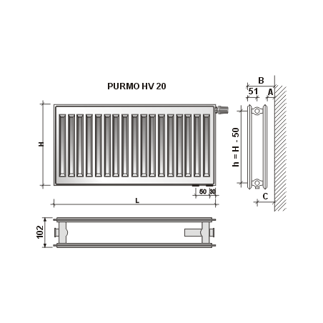 Radiatorius PURMO HV 20, 20 600-1600, pajungimas apačioje