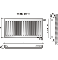 Radiatorius PURMO HV 10, 500-1200, pajungimas apačioje