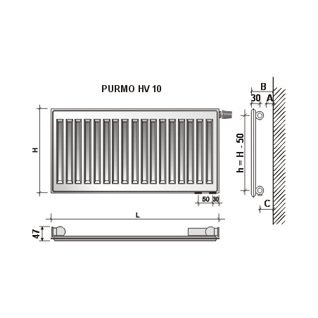 Radiatorius PURMO HV 10, 500-1200, pajungimas apačioje