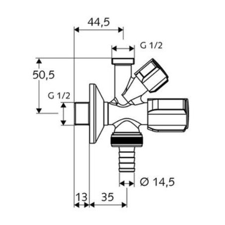 Kampinis ventilis Schell, 1/2" x 1/2" x 3/4" , kombinuotas