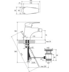 Bidė maišytuvas Ravak Neo, NO 055.00 su dugno vožtuvu 3