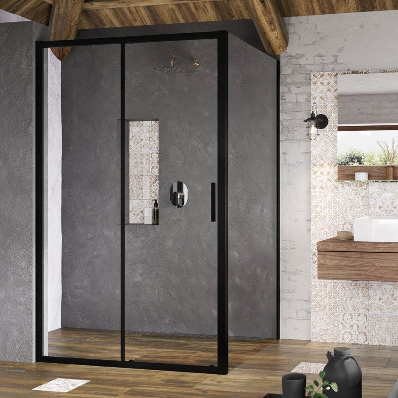 Stacionari sienelė Ravak Blix Slim, BLSPS-90 juoda+stiklas Transparent