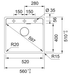 Granitinė plautuvė Franke Maris, MRG 610-52 A, Glacier, ekscentrinis ventilis