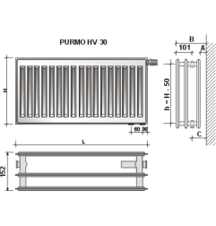 Radiatorius PURMO HV 30, 500-1200, pajungimas apačioje