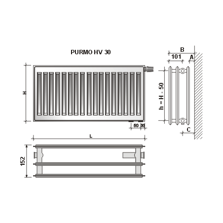 Radiatorius PURMO HV 30, 500-1200, pajungimas apačioje