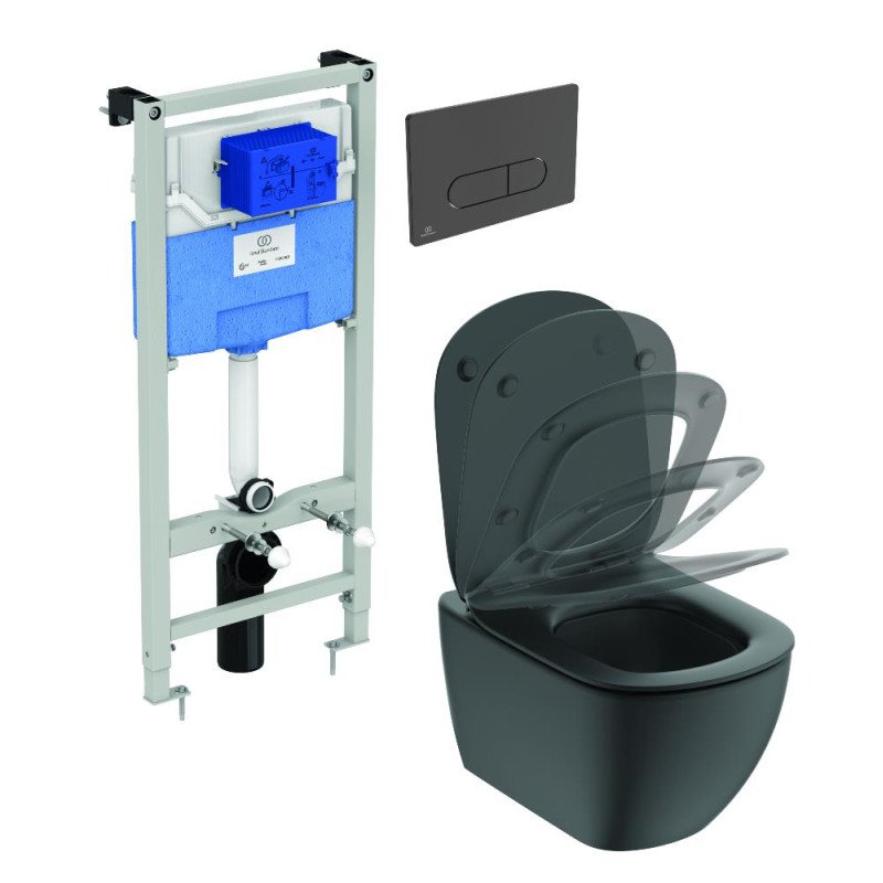 WC rėmo komplektas Ideal Standard ProSys, su WC Tesi Aquablade ir soft-close dangčiu Silk Black M1 WC rėmo komplektas Ideal Standard ProSys, su WC Tesi Aquablade ir soft-close dangčiu Silk Black M1