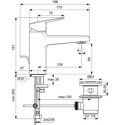Praustuvo maišytuvas Ideal Standard Ceraplan, H90 su dugno vožtuvu, Silk Black matinė juoda 4