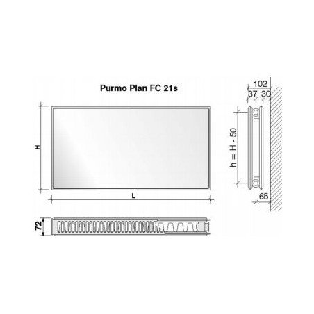 Radiatorius PURMO FC 21s, 400-1000, pajungimas šone