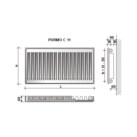 Radiatorius Purmo Compact C 11, 300-1400, pajungimas šone
