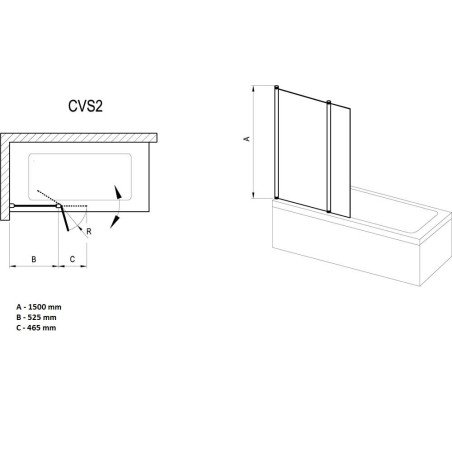 Vonios sienelė Ravak CVS2 100, kairė, juodas profilis
