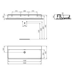 Praustuvas Ideal Standard Conca, 1200x450, be skylės maišytuvui 5