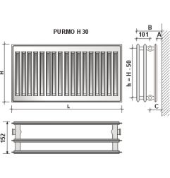 Radiatorius PURMO H 30, 500-900, pajungimas šone