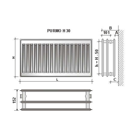 Radiatorius PURMO H 30, 500-900, pajungimas šone