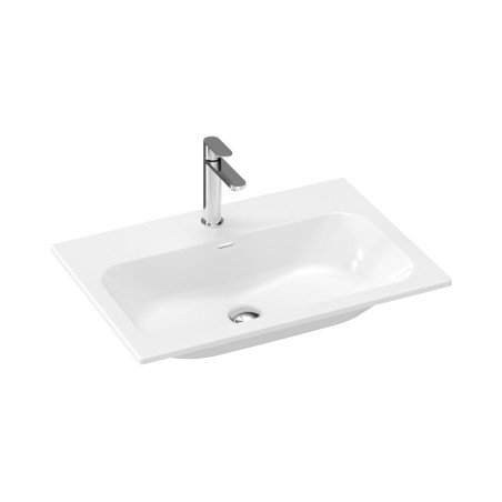 Keraminis praustuvas Ravak Chrome Slim, 70 cm, su skyle maišytuvui ir perpildymui, baltas