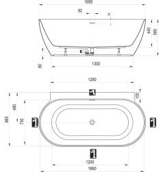 Laisvai pastatoma vonia Ravak Freedom Wall II Tec 170x87, balta su juodais priedais