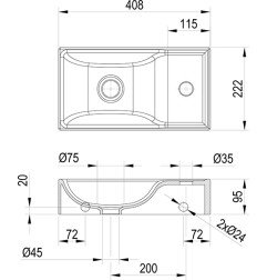 Mini praustuvas Ravak Veda Wall, 40 D Mini, su skyle maišytuvui, baltas