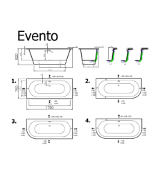Akmens masės vonia Vispool Evento, 175x75 cm apvalinti du kampai balta