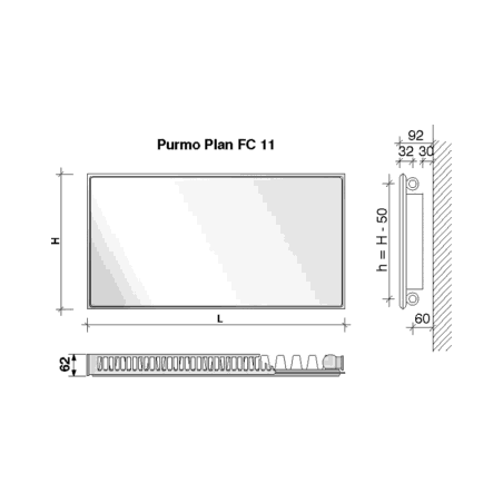 Radiatorius PURMO FC 11, 500-1800, pajungimas šone