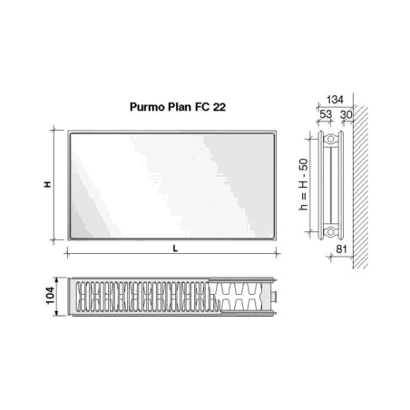 Radiatorius PURMO FC 22, 300-3000, pajungimas šone