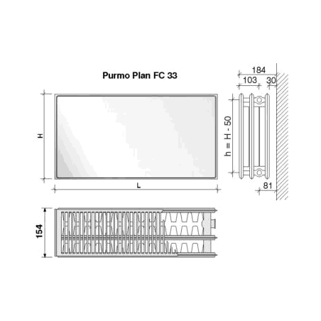 Radiatorius PURMO FC 33, 900-1200, pajungimas šone