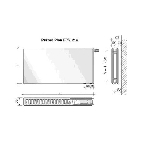 Radiatorius PURMO FCV 21s, 500-1000, pajungimas apačioje