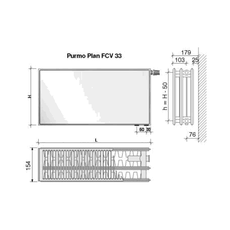 Radiatorius PURMO FCV 33, 300-1100, pajungimas apačioje