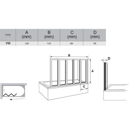 Sulankstoma vonios sienelė Ravak, VS5 113.5, balta+plastikas Rain
