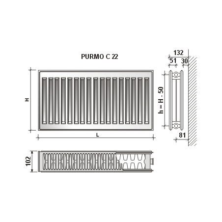 Radiatorius Purmo Compact C 22, 300-900, pajungimas šone