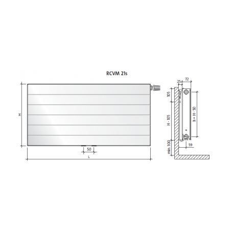 Radiatorius PURMO Ramo RCVM 21s, 900-1600, pajungimas apačioje per vidurį