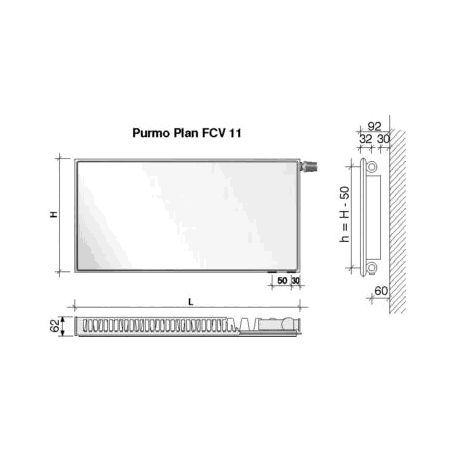 Radiatorius PURMO FCV 11, 500-1200, pajungimas apačioje