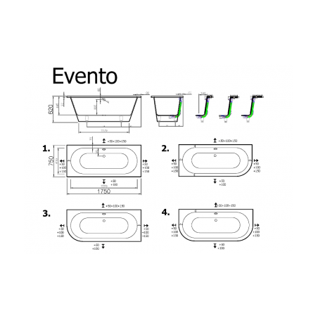 Akmens masės vonia Vispool Evento, 175x75 cm apvalinta kairė pusė balta